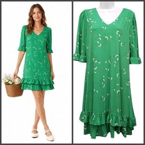 CeCe Tiered Ruffle Green Floral Dress Romantic Cottagecore Garden Party Size M